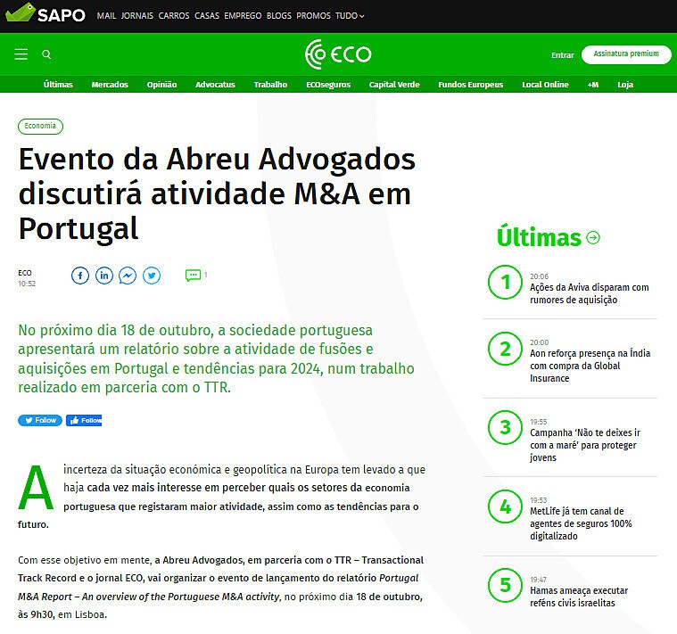 Evento da Abreu Advogados discutir atividade M&A em Portugal